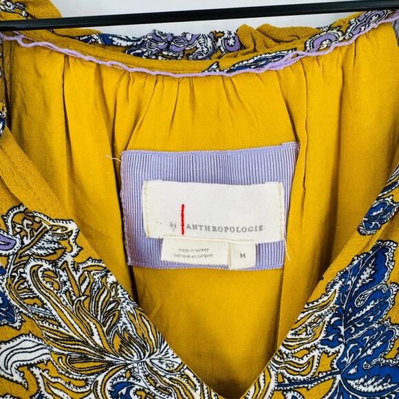 Anthropologie Boho Floral Midi Dress Mustard Yellow Blue Print Flutter Sleeve M - Picture 5 of 8